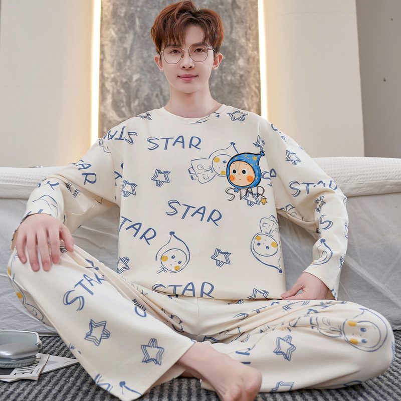 Men's pajamas, pure cotton, long-sleeved, spring and autumn, cartoon print, for teenagers and students, plus size, winter home wear set Men's pajamas, pure cotton, long-sleeved, spring and autumn, cartoon print, for teenagers and students, plus size, winter home wear set