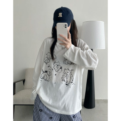 ラウンドネック漫画子犬プリント長袖 Tシャツ女性の夏の新しい韓国スタイル怠惰なスタイルカジュアルルーズ日焼け止めブラウス