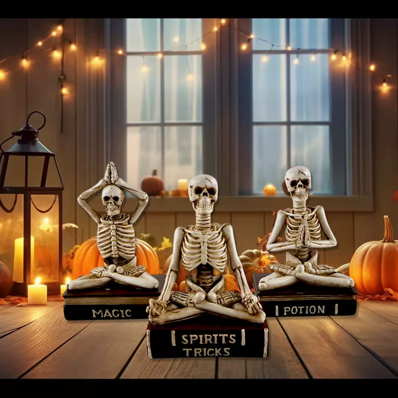 跨境万圣节坐姿瑜伽佛手树脂骷髅骨架鬼节布置工艺品摆件骷髅头