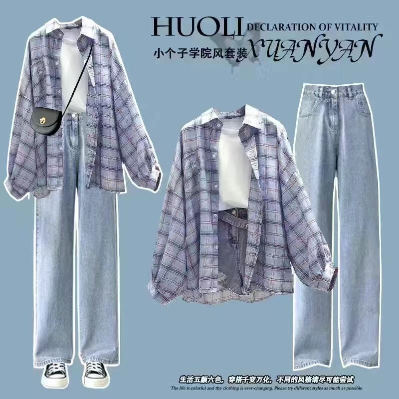 夏の女子学生韓国風ルーズ長袖チェック柄日焼け止め服シャツ+半袖Tシャツ+|undefined