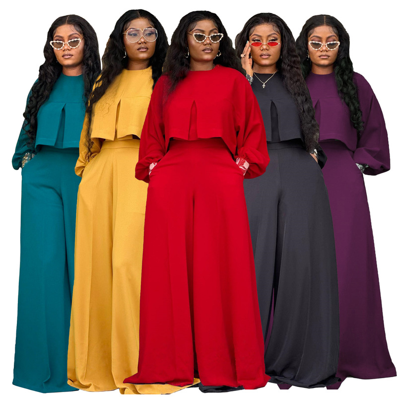 N8153 European and American Cross-Border Women's Clothing 2025 Autumn and Winter New Round Neck Asymmetrical Lantern Sleeve Tops Loose Wide-Leg Pants N8153 European and American Cross-Border Women's Clothing 2025 Autumn and Winter New Round Neck Asymmetrical Lantern Sleeve Tops Loose Wide-Leg Pants