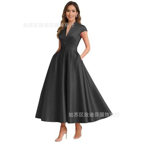 European and American Style Satin Deep V-Neck Mid-Length Dress with a Cinched Waist and Large Flared Skirt, Suitable for Banquets, Parties, Hosting, and Everyday Wear European and American Style Satin Deep V-Neck Mid-Length Dress with a Cinched Waist and Large Flared Skirt, Suitable for Banquets, Parties, Hosting, and Everyday Wear