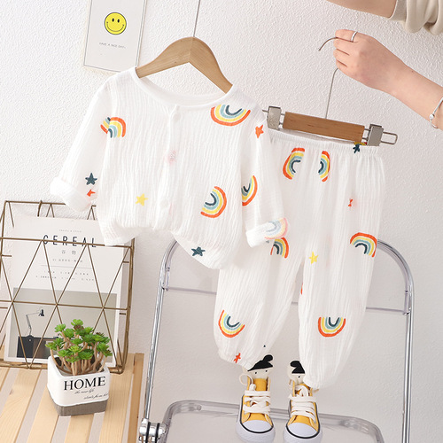 Children's thin double-layer cotton gauze pajamas for babies, summer dresses for girls, home wear for boys, handsome lantern pants set