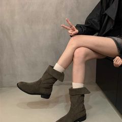 2025秋季新款堆堆靴粗跟短筒女靴子绒面卡其色短靴西部靴骑士靴女