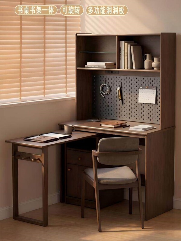 Solid Wood Corner Desk with Bookshelf Integrated into the Bedroom, Corner Bookcase Against the Wall, L-Shaped Rotating Folding Study Computer Desk