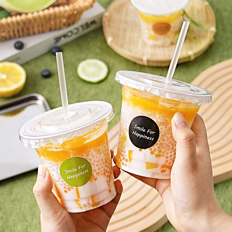 咖啡子一次性带盖塑料透明冷饮料打包外带饮品杯贴纸商用