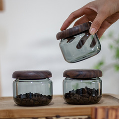 Walnut wood lid mini glass storage jar coffee tea storage jar household homestay grain airtight storage jar