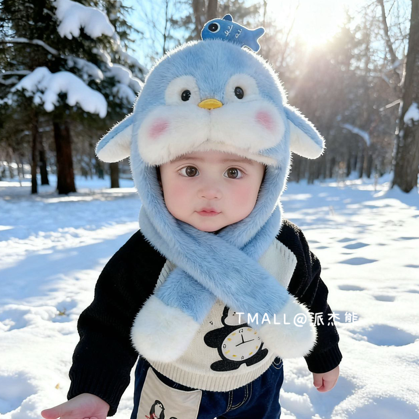 Bonito pingüino para niños sombrero de peluche bufandas de invierno para mujeres calentamiento cuello orejas se moverán gorras protectoras de orejas