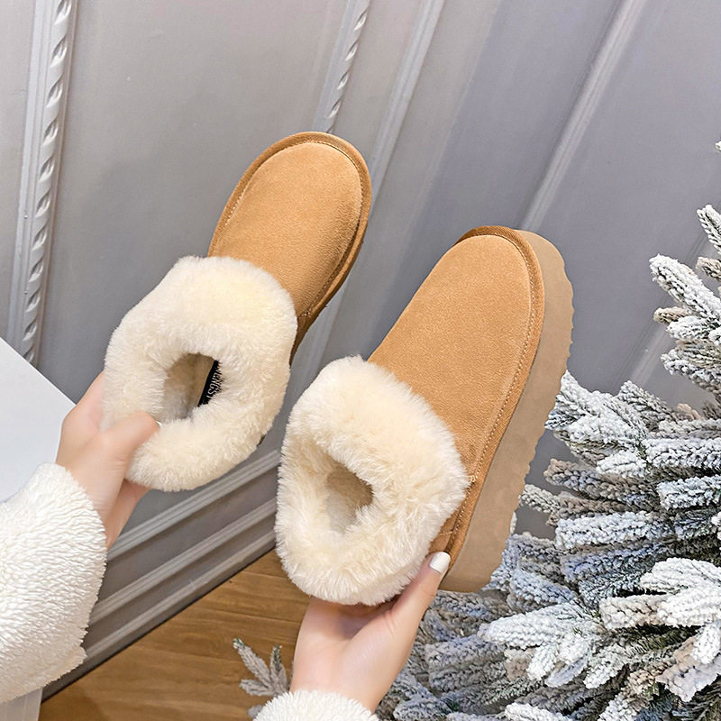 Bốt nữ cổ thấp da bò thật lót lông giữ ấm, đế dày 4 cm — Màu hạt dẻ (đế dày)