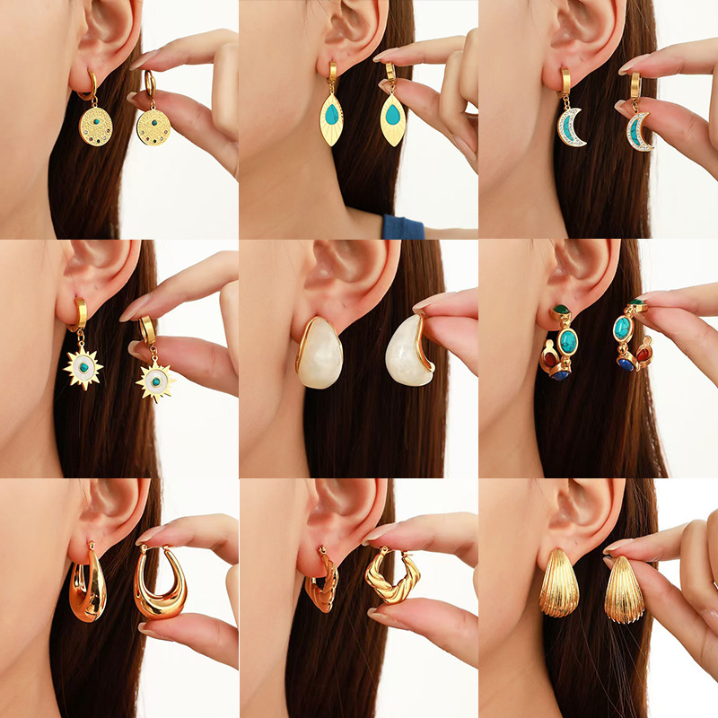 Sun, Moon, Water Droplets Pattern Women's Gender 1 Pair Elegant Sun Moon Water Droplets Titanium Steel Drop Earrings