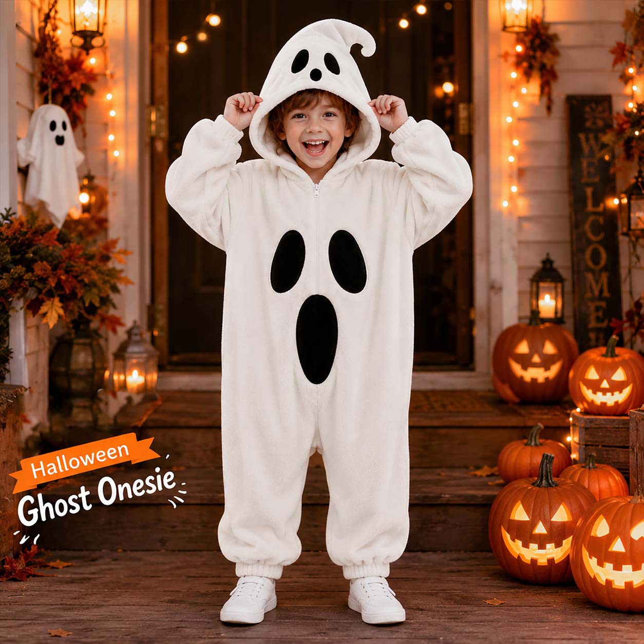 Children's Halloween Ghost One-piece Pajamas, Classic Halloween Ghost Design, Plush Parent-Child Sleepwear, Cosplay Costume
