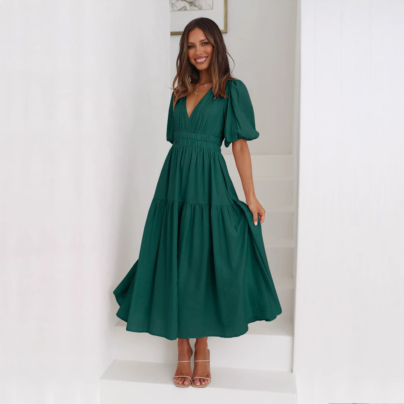 2025 European and American New Amazon Fashion V-neck Puff Sleeve Tight Waist Dress Elegant Holiday Solid Color dress