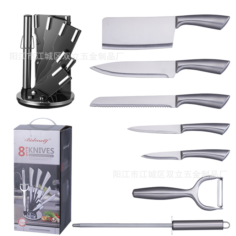 Suministro directo de fábrica traje de cuchillo de cocina de acero inoxidable de 8 piezas soporte de cuchillo giratorio de acrílico pintura en aerosol lote