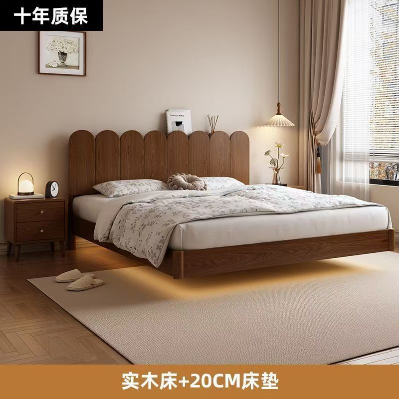 吊り下げベッド 無垢材ベッド 1.8m マスターベッドルーム 大型ベッド 小型アパートメント ラバーウッド ダブル ウェディングベッド 1m シングルベッドフレーム|undefined