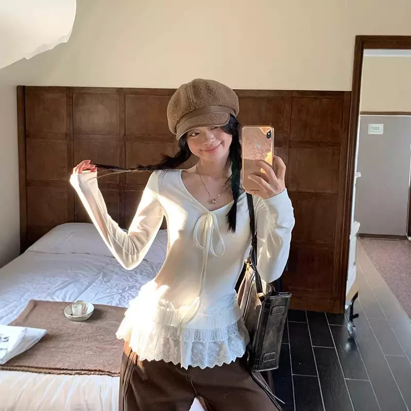 德绒V领蕾丝绑带打底衫女长袖t恤上衣