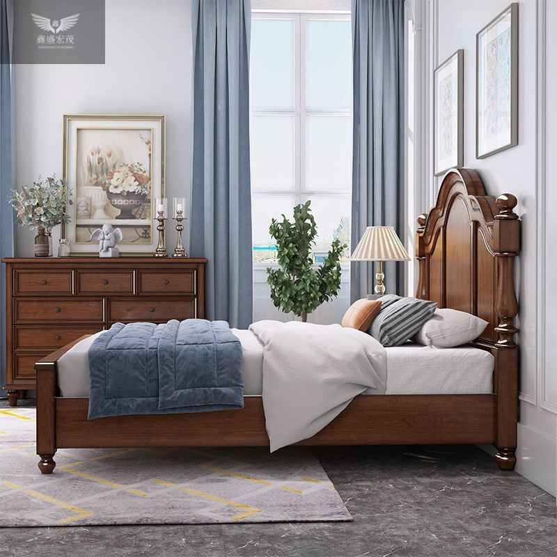 Cama europea de madera troncal dormitorio cama de madera maciza estilo americano campesino toda la madera maciza caja alta cama doble de 1,5 metros cama matrimonial