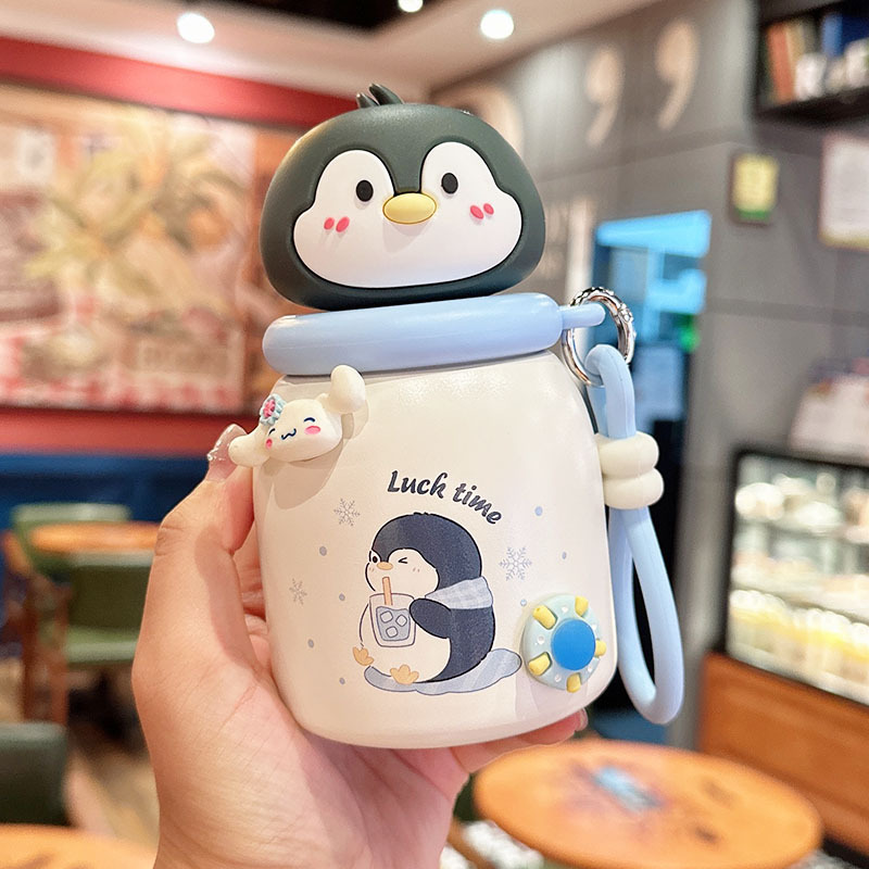 동물 캐릭터 미니 보온병 300ml 휴대용 스트랩 빨대 물병