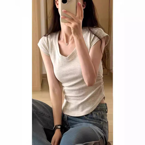 2025 Summer Spicy Girl Asymmetrical V-Neck Pure Desire Style Base Short-Sleeve T-Shirt Design Sensory Slimming High-Waisted Short Top