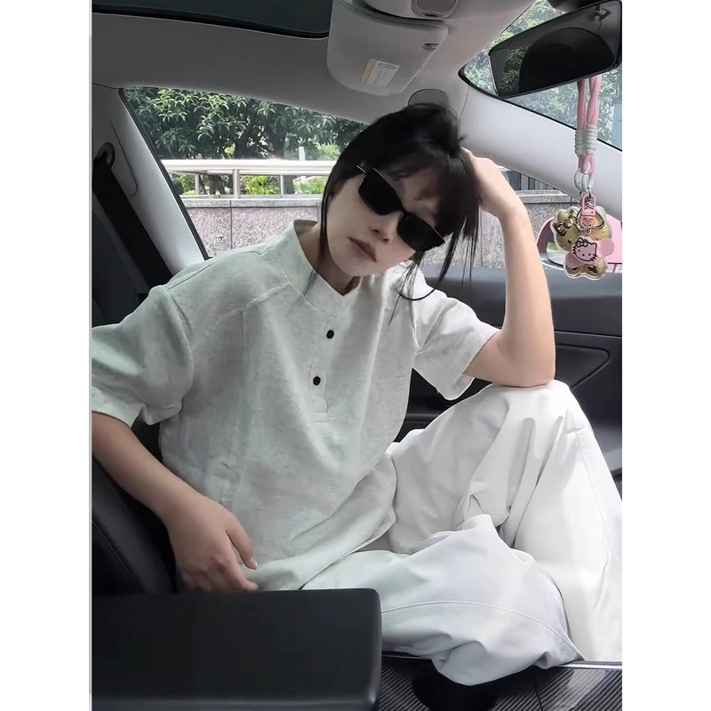 白色牛仔裤套装男款夏季cleanfit薄款微喇直筒裤亨利领正肩短袖|undefined