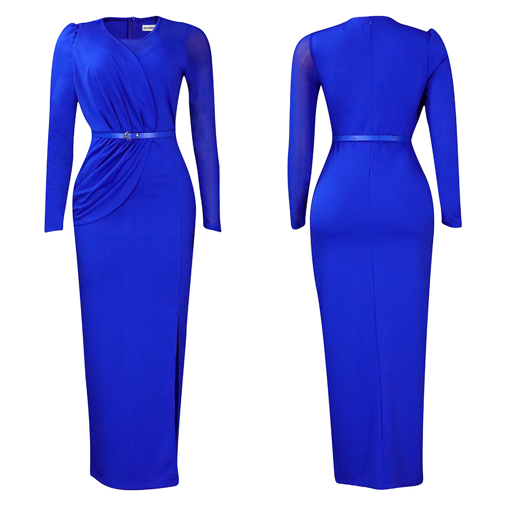 Damen Abendkleid Mit Langarm Und Mesh-einsatz Elegantes Festkleid_voghion.com