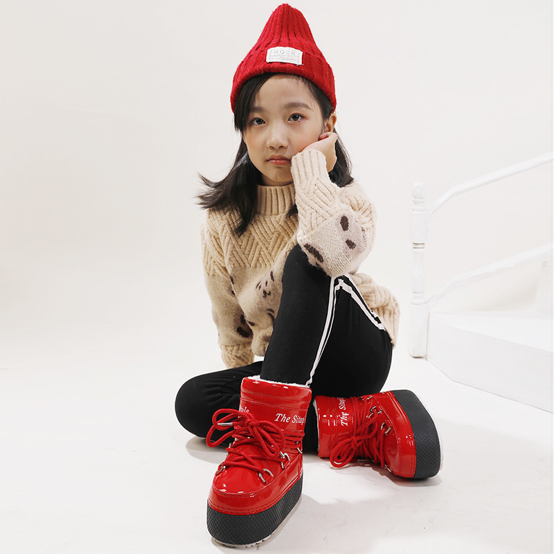 Inventario personalizado multi-color brillante padres niños niños hombres y mujeres nieve gruesa base espacio luna botas gruesas impermeables antideslizantes y cálidas