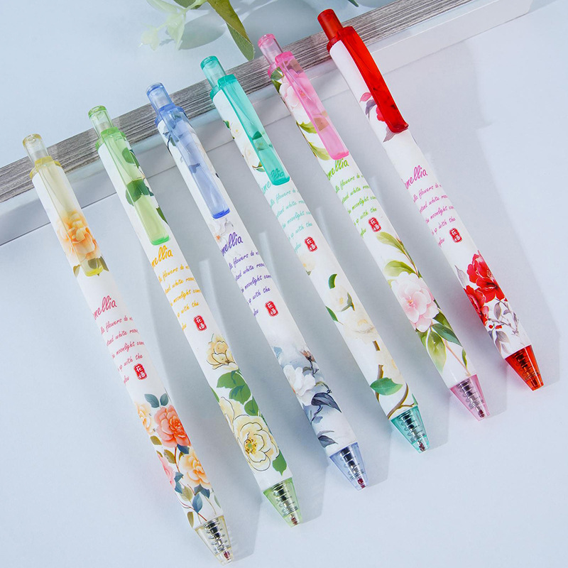 玫瑰花按动中性笔速干按压签字笔学生专用笔考试水笔高颜值黑0.5m