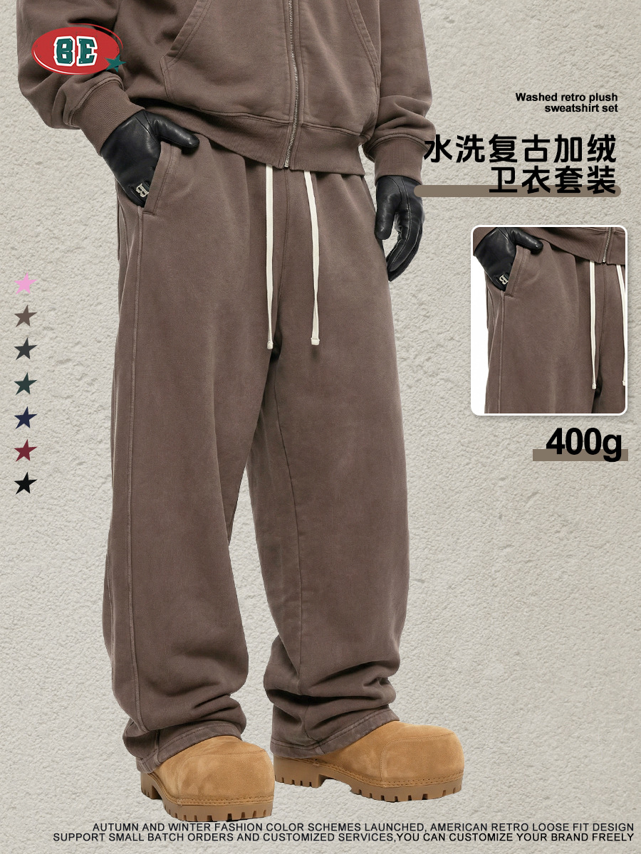 Be ropa masculina | lavado retro Americano de invierno con suéter suéter de capucha de terciopelo, chaqueta de machete y pantalones largos de dos piezas para hombres image 3