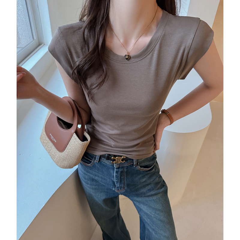 Lyocell Tencel New Shoulder Short-sleeved T-shirt Women's Shoulder Wide Slim-fit High-end Design Sense Small Flying Sleeve Top