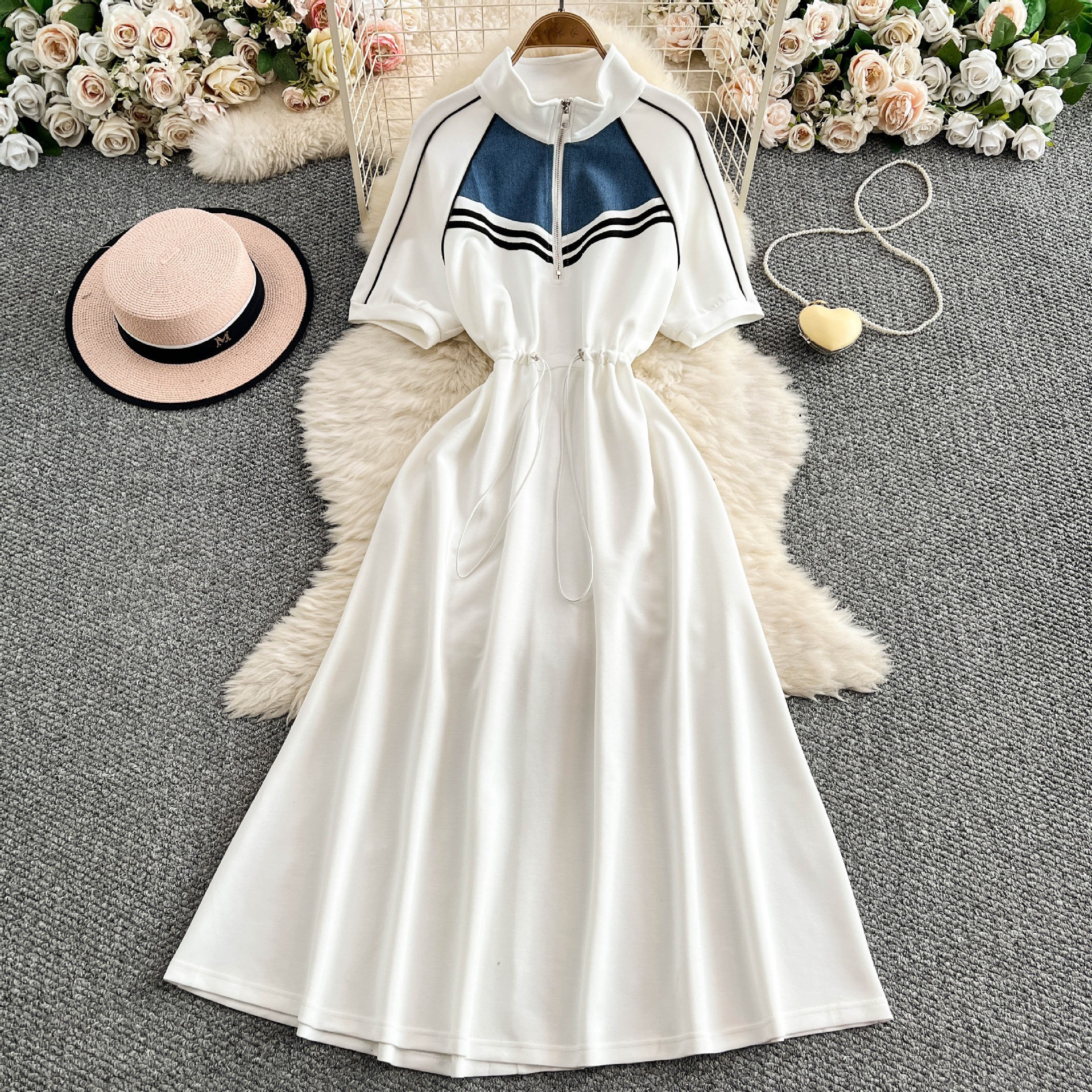 62 프랑스 스타일 우아한 하프 지퍼 수직 칼라 땀 원피스 여성 여름 새로운 서랍 꽉 허리 슬리밍 큰 스윙 중간 길이