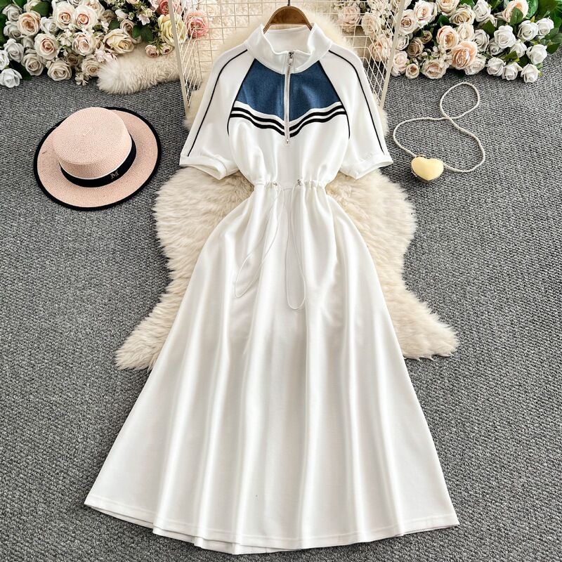 62 French Style Elegant Half Zipper Vertical Collar Sweat dress Women's Summer New Drawstring Tight Waist Slimming Large Swing Medium Length