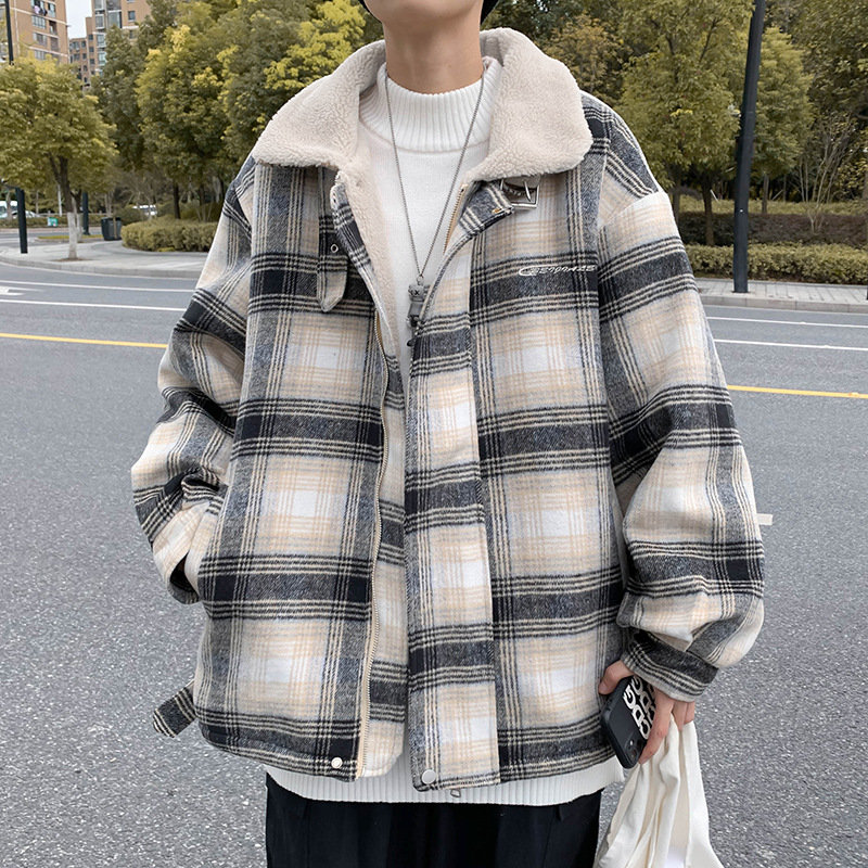 Men's fleece-lined winter coat, Korean style trendy cotton-padded jacket, warm and thick woolen plaid cotton-padded coat.