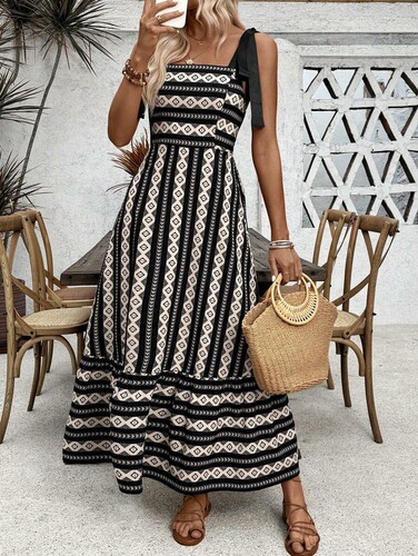 Spring and summer striped parquet suspender dress, high-waist fashion