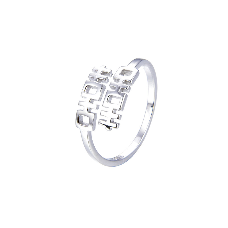 S925 plata esterlina doble felicidad anillo mujer personalidad abierta estilo chino retro chic anillo de dedo índice nicho anillo simple