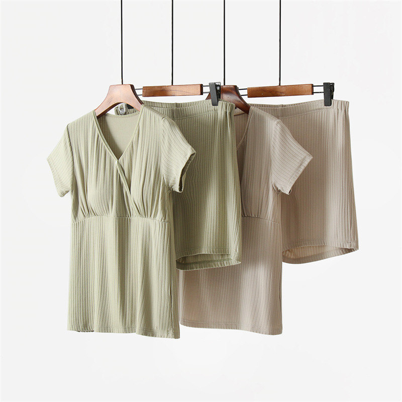 Maternity postpartum nursing clothing short sleeve shorts suit summer thin with chest pad nursing clothing confinement clothing home wear