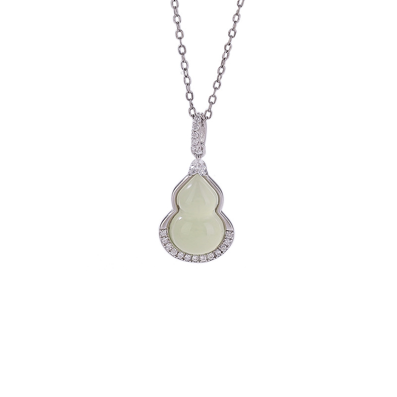 Mặt dây chuyền bạc S925 đá ngọc bích thiên nhiên hình quả hồ lô phong cách Tân Trung Hoa — Mặt dây chuyền đơn (không kèm dây)