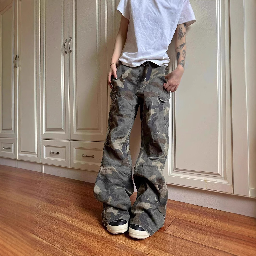 Washed Vintage Camouflage Jeans For Men, American High Street Style, Loose Straight Leg, Wide-Leg Cargo Pants With A_mkmklike.com