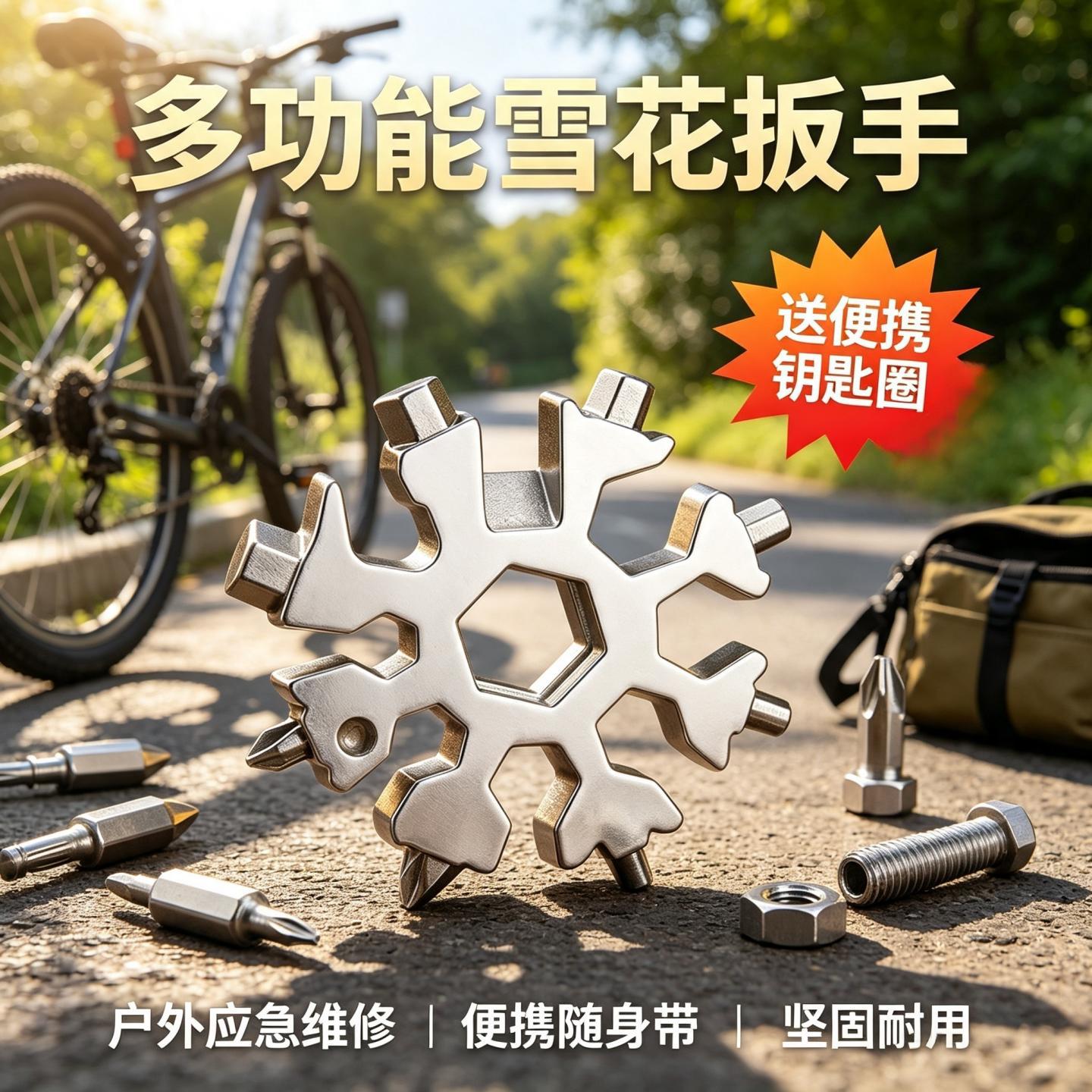 迷你雪花形多用途多合一扳手钢材质钥匙挂件骑行六角便携维修工具