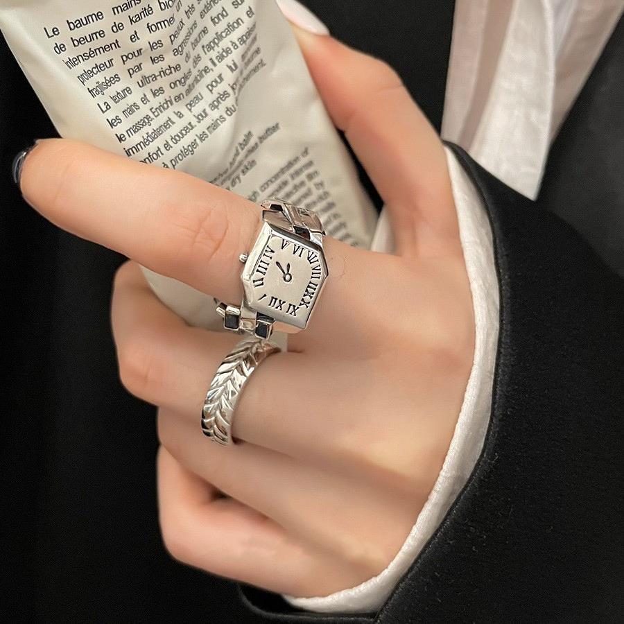 韩版S925银个性钟表戒指女复古时尚麻花开口指环嘻哈创意食指戒潮
