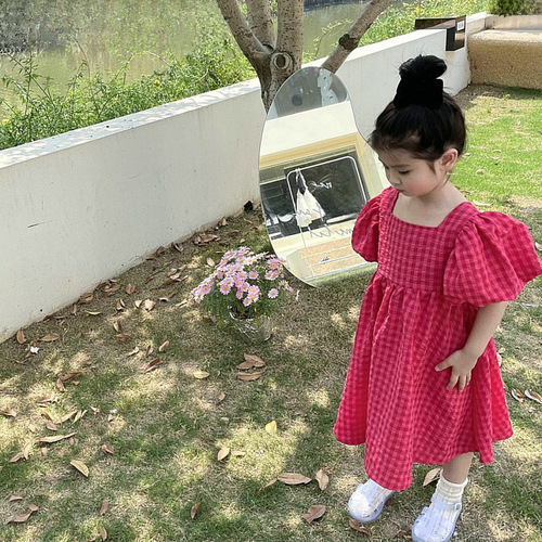 Little Girl's Dress with Bubble Sleeve, Checkered Belted Dress, Princess Style, 24 Summer New, Foreign Trade Children's Clothing, Dropshipping