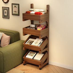 Solid Wood Bookshelf Movable Trolley Storage Rack Wall Desk Storage Rack Snack Rack Household Simple Bookcase