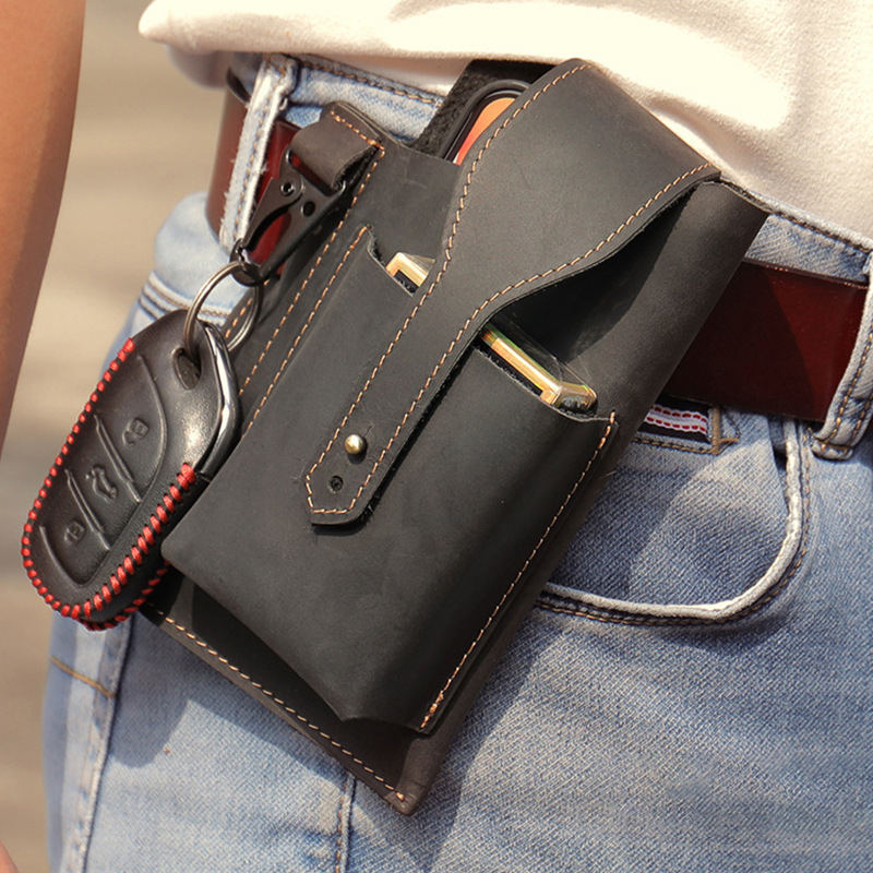 Cross-Border Retro Multifunctional Mobile Phone Waist Bag with Belt, Outdoor Sports Tool Waist Bag, Crazy Horse Leather Tactical Waist Bag