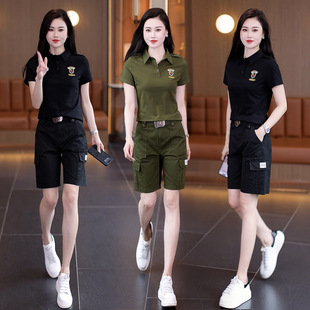 New Summer 5-Point Pants Suit, Lapel Short-Sleeved Top, Mid-Pants, 5-Point Pants, Outdoor Casual, Age-Reducing, Slimming Workwear
