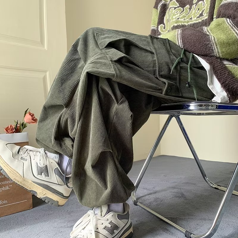Pantalones de pana para hombre marca de moda americano retro gran bolsillo con pies, monos, pantalones casuales sueltos con cordón de primavera y otoño