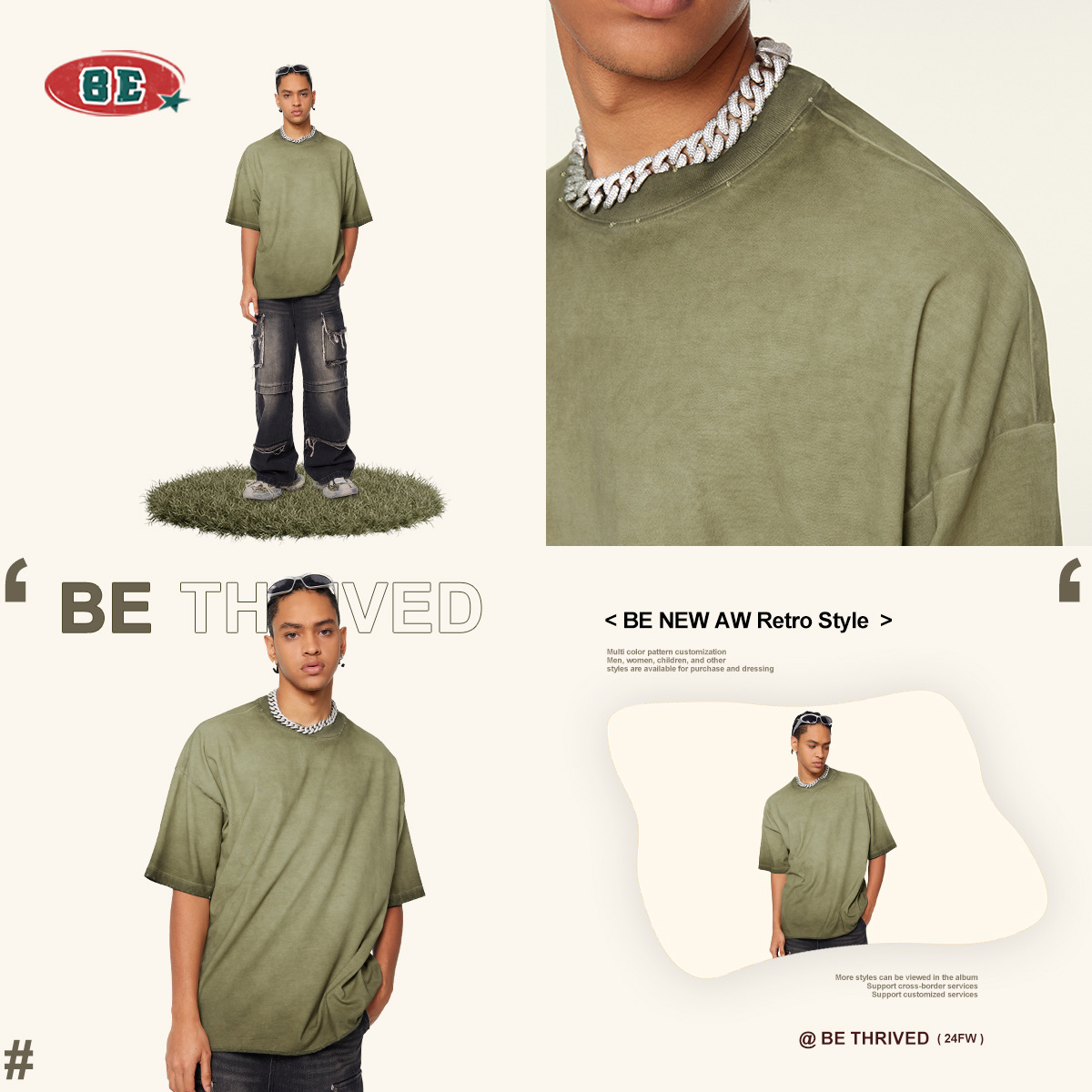Be customizado| 2025 verano americano marca de moda suelta camiseta de hombre lavado con agua hacer la misma camiseta de mangas cortas de la vieja familia para hombres image 3
