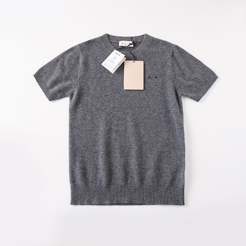 High Version Spring and Autumn Miu Family Women Base Crewneck Short Sleeve Wool Cashmere Miu Miu Knit MIU Letter Women