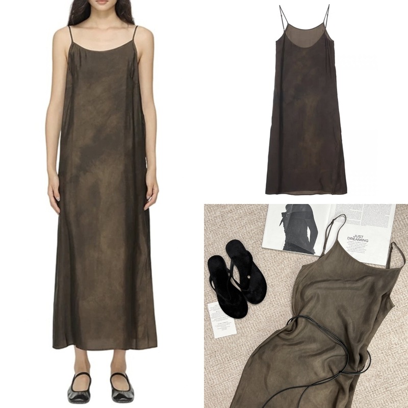 House25 Xia Xin Cupro Silk Dirty Dyed Dark Brown Elegant Artistic Pattern Sleeveless Suspender Long Dress