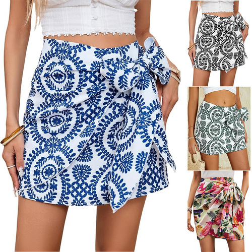 Eurasian 2025 Women's Summer Bohemian Wrap Print High-Waisted Half-Body Knot Edge Vacation Beachwear