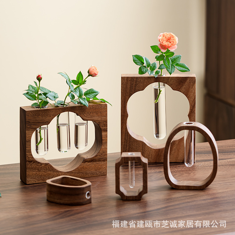 クルミ無垢材水耕フラワーデバイスデスクトップ装飾品ミニガラス植物フラワーアレンジメント花瓶ホームガラスフラワーアレンジメント|undefined