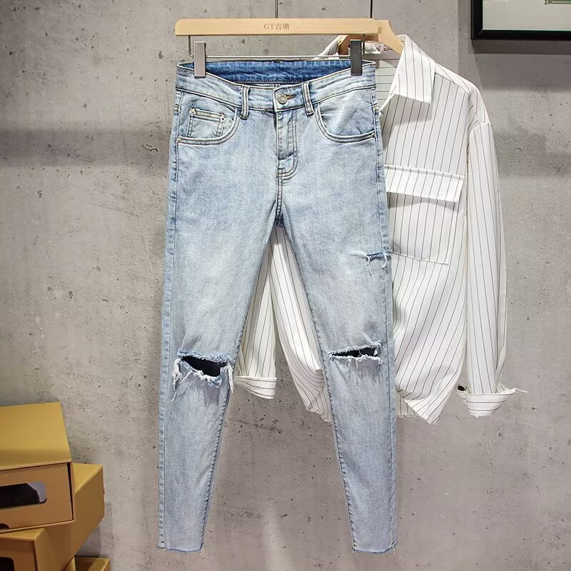American Street Washed Old Ripped Jeans Men's Spring and Autumn Straight Loose European and American High Street Vibe Style Long Pants