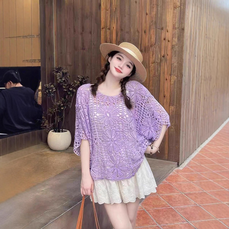 Korean Design Irregular Loose Lazy Style Cut Out Crochet Knitwear Women's Colorfulful Versatile Bat-Sleeve Blouse